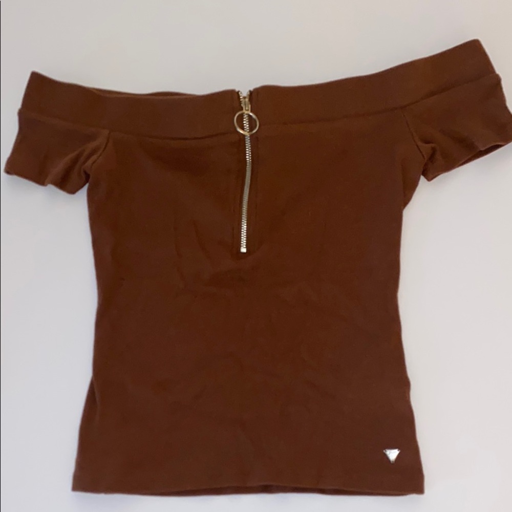 GUESS Ribbed Brown Off The Shoulder Top Size Small